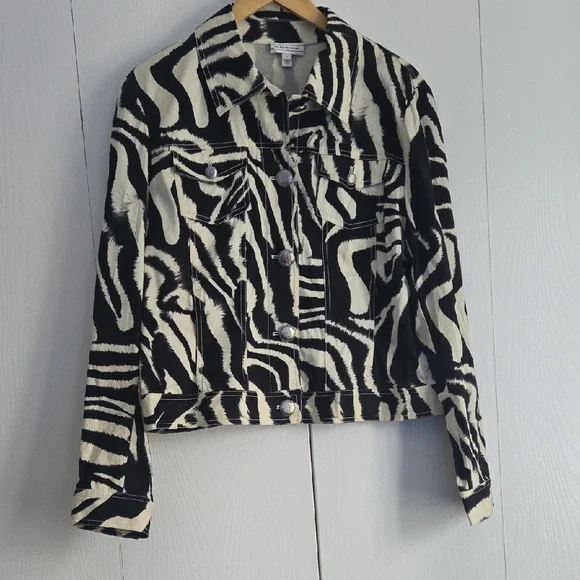 St. John Sport Black White Cotton Jean Jacket L - Picture 1 of 6